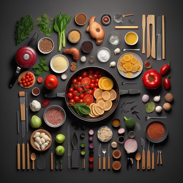 2D Illustrations Knolling of Items for cooking, realistic items, highly detailed, high contrast, intricate details, bright lighting, soft lighting, 85mm lens v 5.1