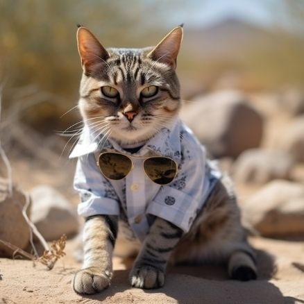 A real cute cat full boady dressed with a button up shirt and glasses, desert, cactus, desert, ultra high definition, natural light, realistic photography, sony camera --v 5