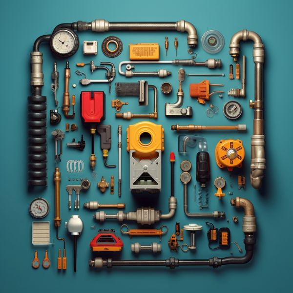 Illustrations Knolling of Plumber's tools, realistic items, minimalist, highly detailed, high contrast, intricate details, bright lighting, soft lighting v 5.1