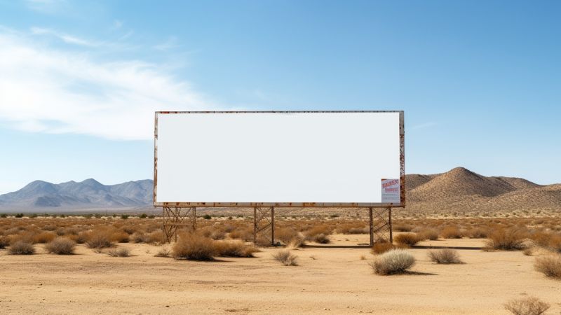 a blank white billboard in a in the middle of the desert, around it are camels and cactuses ar 16 9 v 5.1