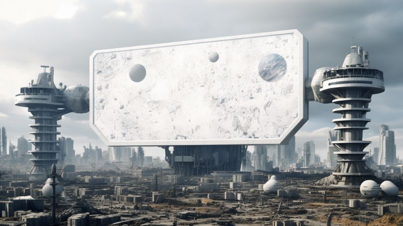 a blank white billboard in a massive alien city complex ar 16 9 v 5.1