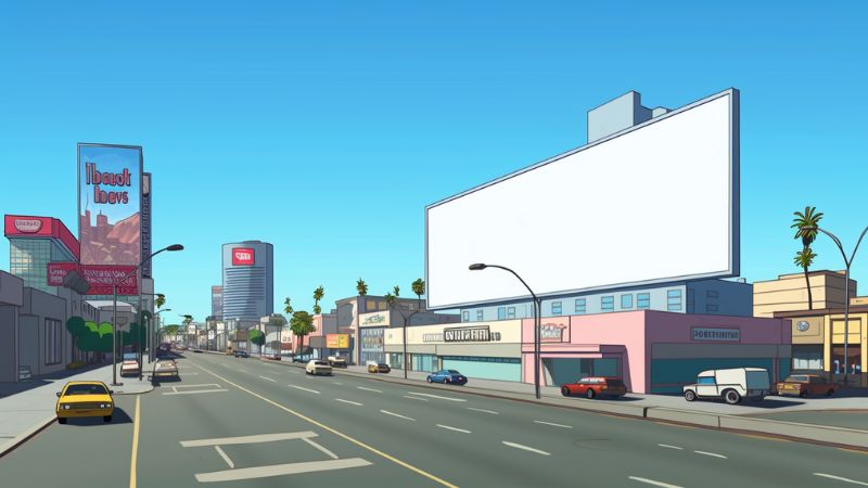 a blank white billboard in the Town of Springfield from the Simpsons in the style of a very detailed GTA 5 v 5 ar 16 9