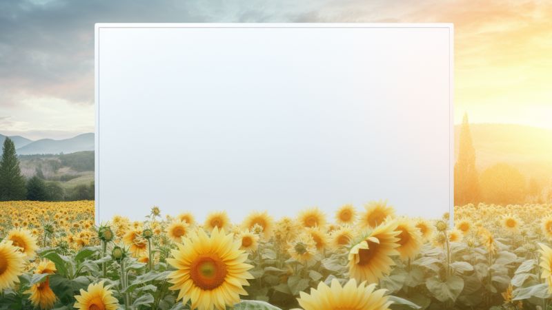 blank white Billboard in the middle of A fantasy world, They are a lot of sunflowers around, pleasant sunlight, bright yellow pastel colors ar 16 9 v 5.2