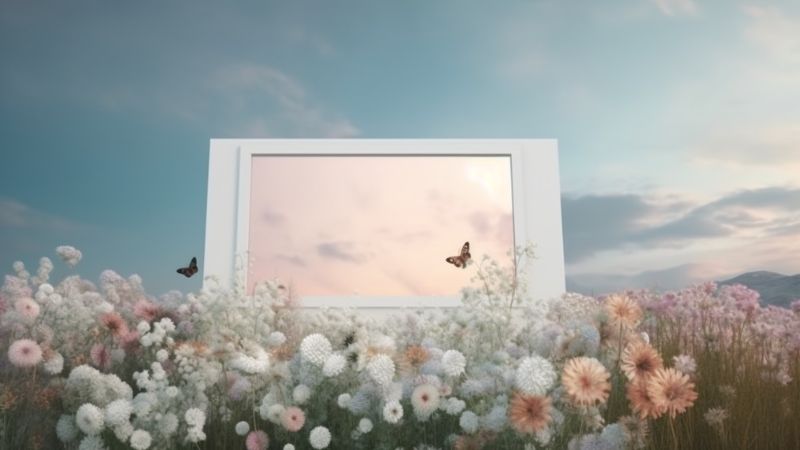blank white Billboard in the middle of A fantasy worldת They are a lot of beautiful flowers, butterflies, pastel colors ar 16 9 v 5