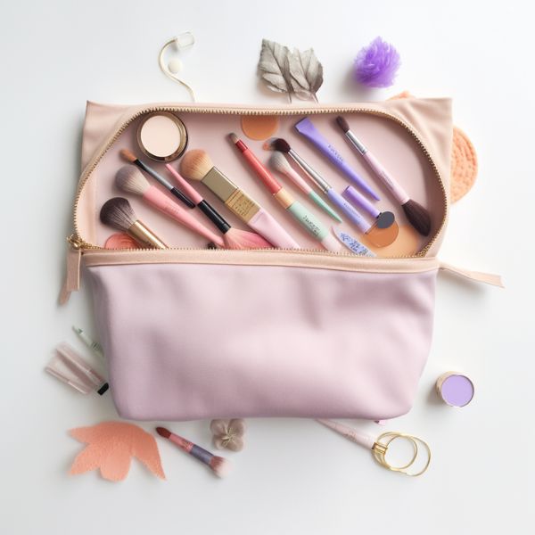 knolling The inside of a makeup bag, pastel colors, minimalist, peachy and lavender colors, flatlay photography, hyperrealistic photography ar 2 3 (2)