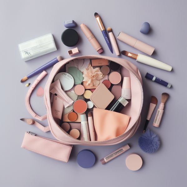 knolling The inside of a makeup bag, pastel colors, minimalist, peachy and lavender colors, flatlay photography, hyperrealistic photography ar 2 3