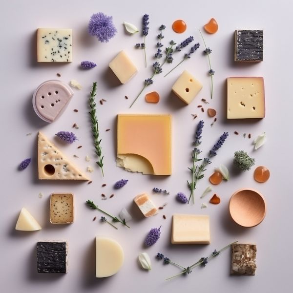 knolling of types of cheeses, minimalist, peachy and lavender colors, flatlay photography, hyperrealistic photography
