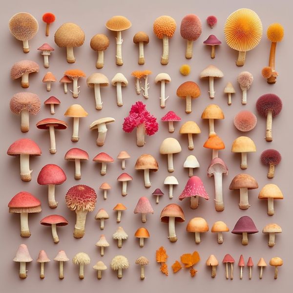 knolling of types of mushroom varieties, peachy Wes Anderson colors, empty space v 5.1 (2)