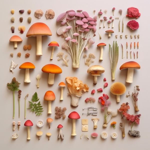 knolling of types of mushroom varieties, peachy Wes Anderson colors, empty space v 5.1