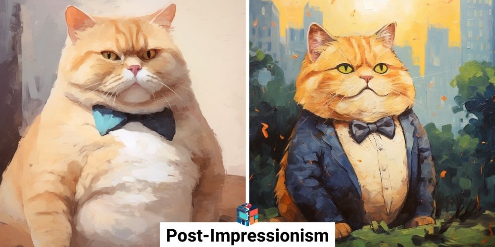 חתול חמוד שמן עם עניבה בסגנון Post Impressionism