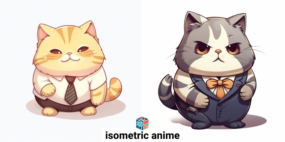 חתול חמוד שמן עם עניבה בסגנון isometric anime - מדריכים למידג'רני