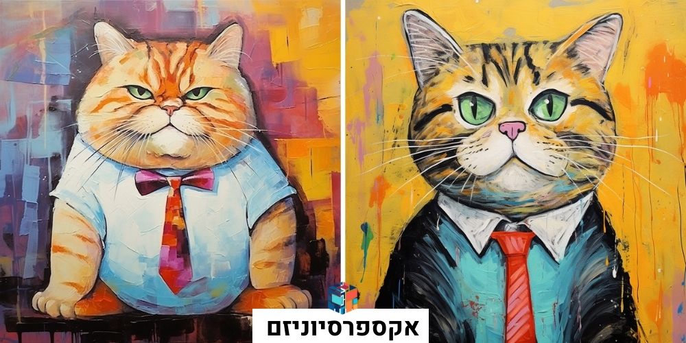 חתול חמוד שמן עם עניבה בסגנון אקספרסיוניזם