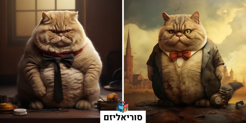 חתול חמוד שמן עם עניבה בסגנון סוריאליסטי