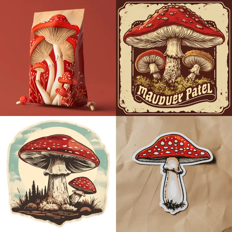 A mushroom product label with a design that is memorable and catchy, such as a stylised mushroom with a witty phrase or slogan