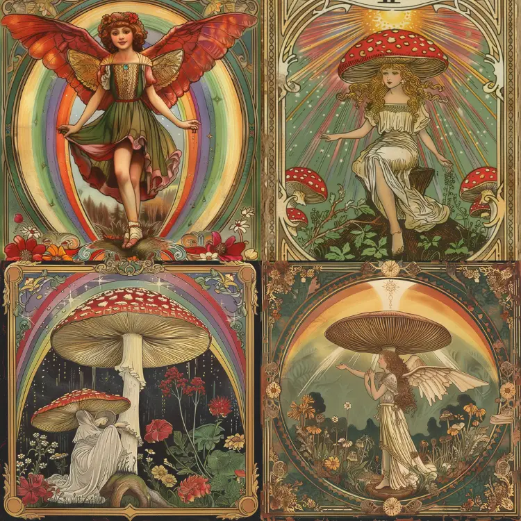 Art Nouveau Tarot Card A mushroom Angel Demon Rainbow v 6.0